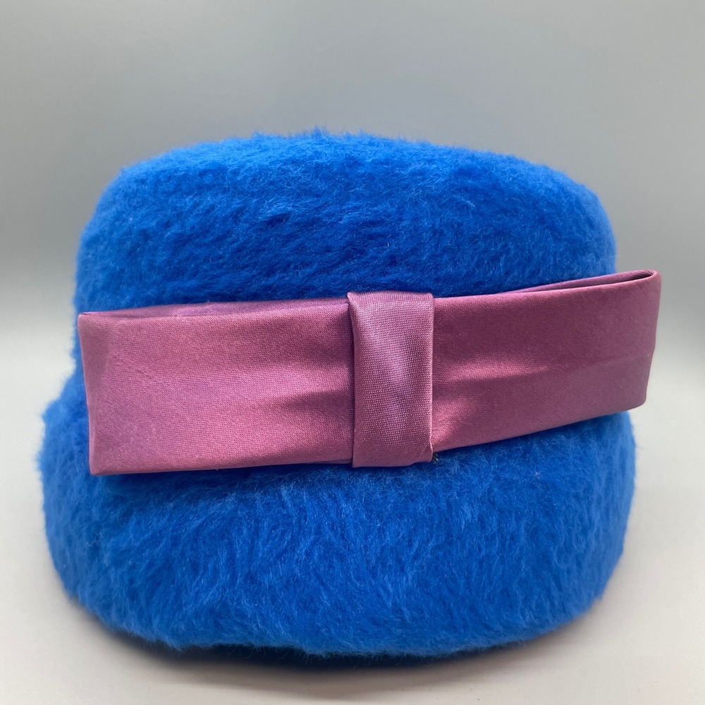 Vintage Electric Blue Fuzzy Wool Pillbox Hat Mauve Satin Bow Mid Century Modern